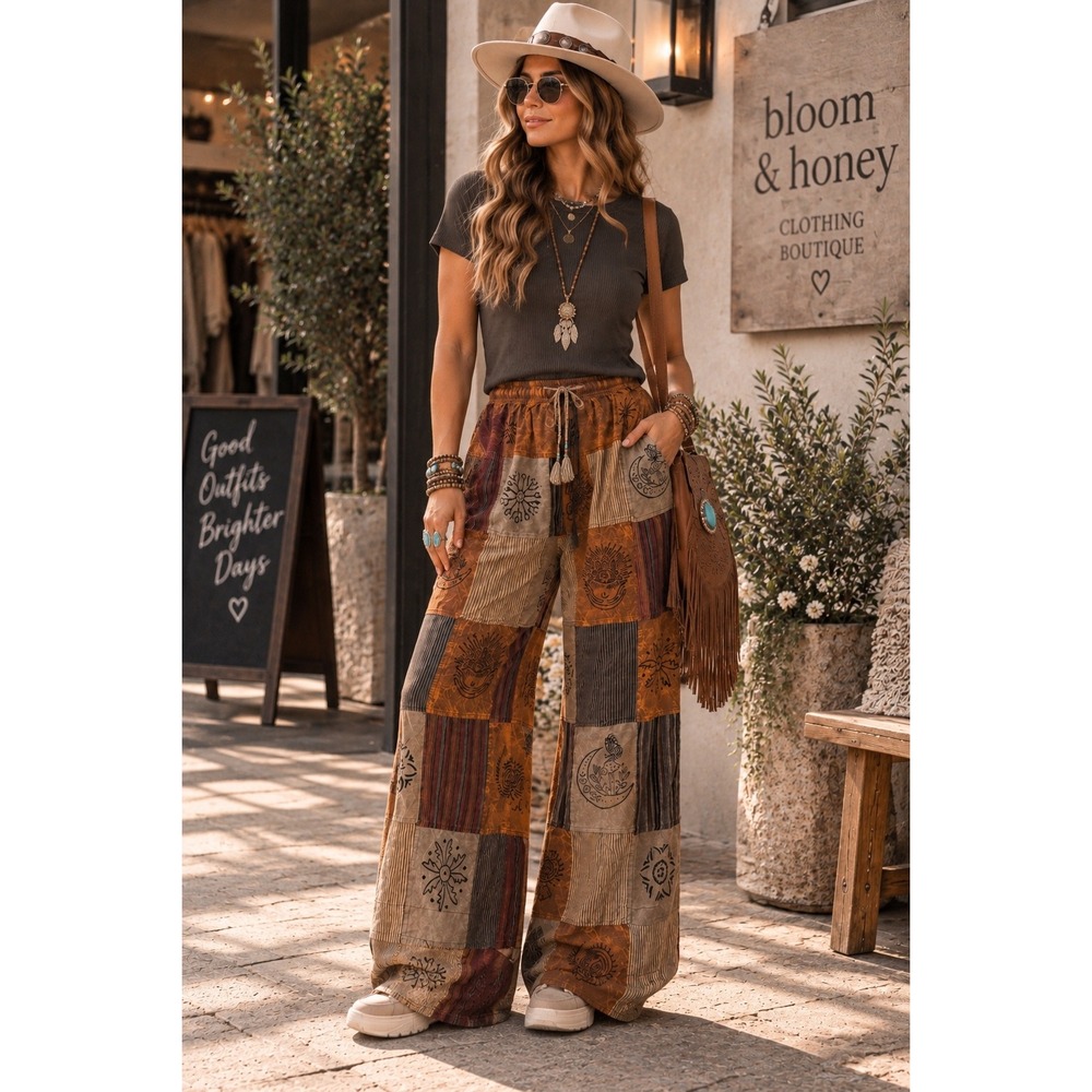 259.New Rising International Boho Patchwork Wide Leg Pants Cotton Sun Moon M